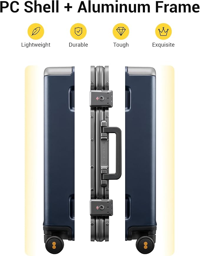 LEVEL8 Carry On Luggage Airline Approved Zipperless with Aluminum Frame, Hard Case Luggage with Spinner Wheels, Metal Travel Suitcase, 20 Inch, Blue