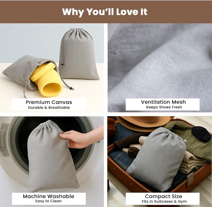 LFH Cotton Rich Shoe Storage Bags with Drawstring, Dustproof Breathable Reusable Organizer, Perfect For Travel, Dorm, Hotel, College, Gym, Easy to Carry, Machine Washable 12"x17" (Pack of 4) - Grey