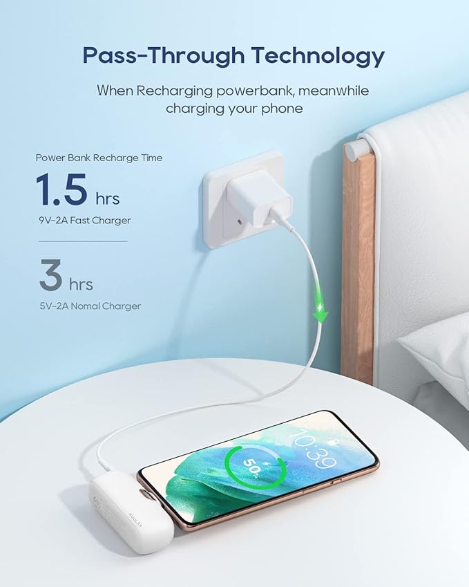 Kuulaa Portable Phone Charger with Built-in USB-C Plug, 5000mAh Mini Portable Charger Power Bank Small Battery Pack for iPhone air/15/16,Samsung S22/S23 & Android (White)