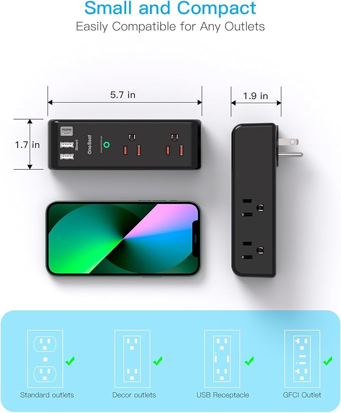 PD20W Surge Protector Outlet Extender - Rotating Plug, One Beat 6 AC Multi Plug Outlet with 3 USB Ports (1 USB C), 1800J Wall Charger, 3-Sided Power Adapter with Spaced Outlet Splitter for Home Office
