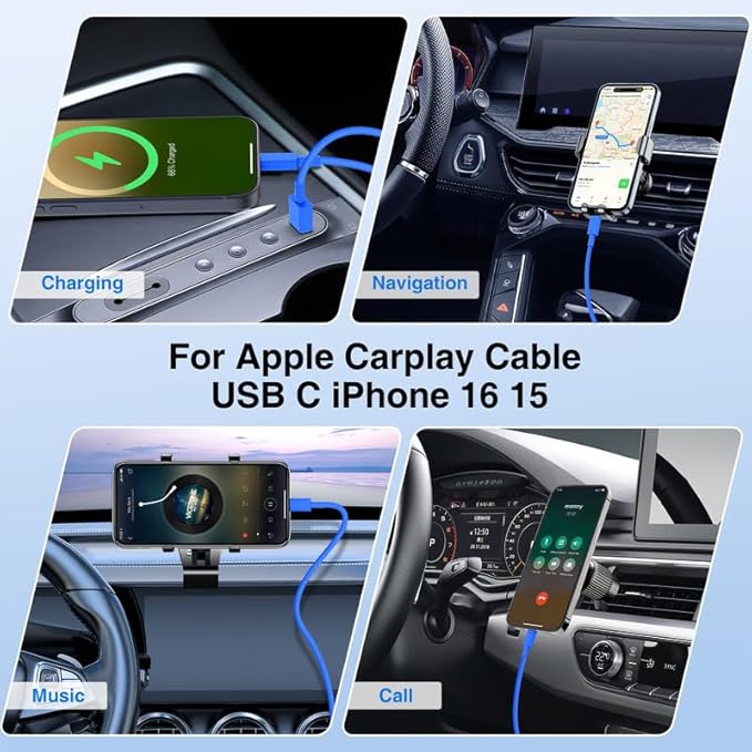 USB C Car Charger for iPhone 17 16 15 Pro Max,40W Dual Port USB-C & USB-A Car Fast Charging Adapter, 2X3FT C to C Cable & A to C Carplay Cable for iPhone 17 16 15 Series/iPhone Air, iPad, Samsung-Blue