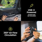 Luno Car Camping Fan - Suction Cup Fan for Car | USB-C Powered with 3 Speeds, Flexible Arm, 5 Blades, 360° Airflow & Headrest Mount - Compact Cooling Solution for Camping & Road Trips
