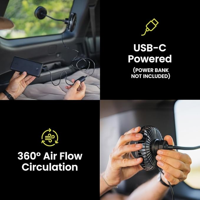 Luno Car Camping Fan - Suction Cup Fan for Car | USB-C Powered with 3 Speeds, Flexible Arm, 5 Blades, 360° Airflow & Headrest Mount - Compact Cooling Solution for Camping & Road Trips