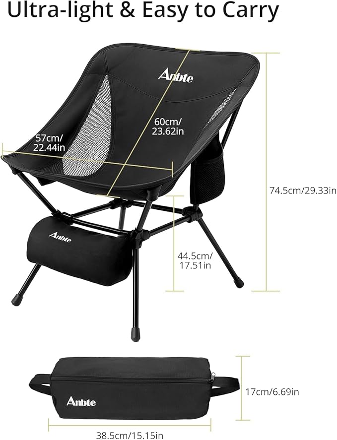Anbte Extra Height & Width Portable Camping Chair, 400LBS Capacity Compact Folding Chair with Square Frame Quick Setup Storage Bags on Both Sides, Ideal for Camping Hiking Beach Picnic Outdoor, Black