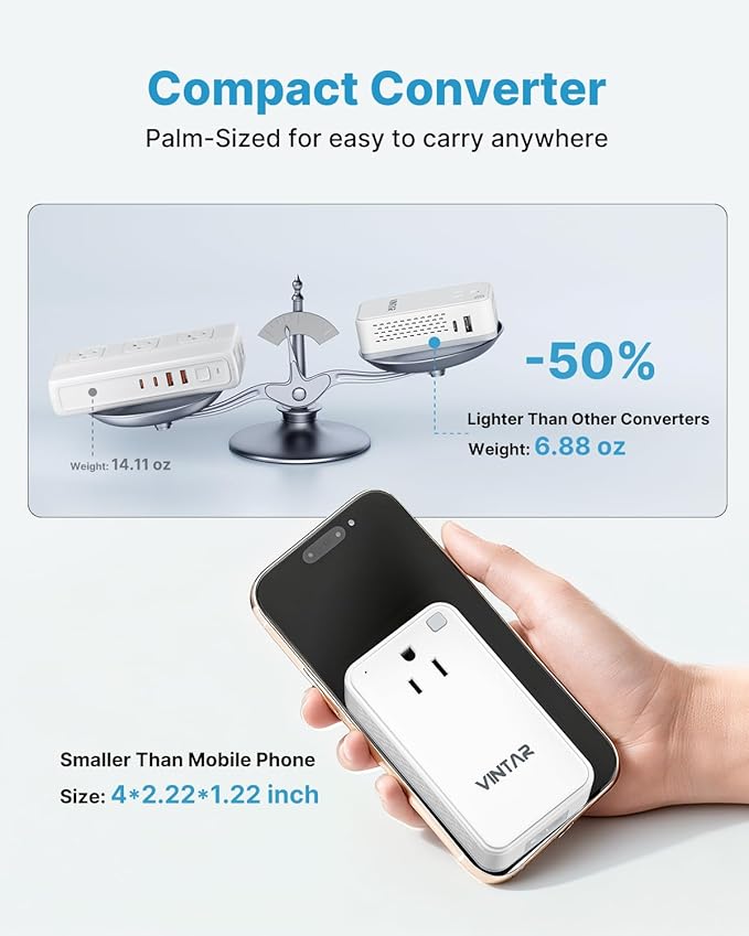 Mini 220V to 110V Converter for European Travel, VINTAR 200W Universal Travel Adapter Voltage Converter US to Europe, International Step Down Power Converter Adapter Combo for EU UK AUS India