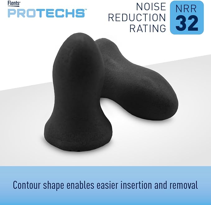 Flents Protechs Contoured for Comfort Foam Ear Plugs, Soft & Comfortable Hearing Protection for Work, Construction, Heavy Machinery, Studying, Travel & Sleep, NRR 32, Easy to Use, Black, 10 Pairs