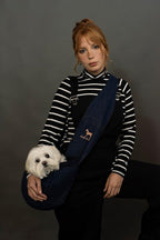Noah & Paw Dog Sling Carrier for Small Dogs 5-18lb, Dog Sling for Small Dogs and Cats, Dog Carrier with Adjustable Padded Strap, Vegan Denim Lined with Fur, 3X Safety Features, Machine Washable