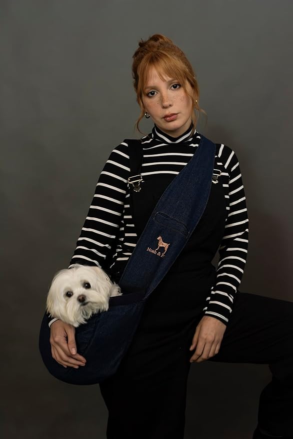 Noah & Paw Dog Sling Carrier for Small Dogs 3-10lb, Dog Sling for Small Dogs and Cats, Dog Carrier with Adjustable Padded Strap, Vegan Denim Lined with Fur, 3X Safety Features, Machine Washable