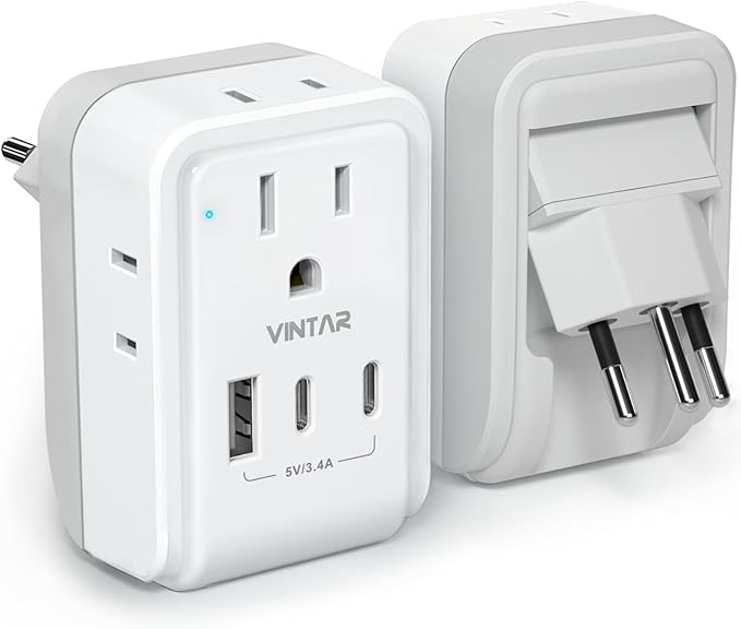 1 Pack Brazil Power Adapter, VINTAR Foldable US to Brazil Travel Adaptor with 4 American Outlets 3 USB Ports(2 USB C), 7 in 1 Type N Plug Adapter for USA to Brazilian Brazil