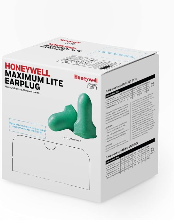 Howard Leight by Honeywell Maximum Lite Low Pressure Corded Disposable Foam Earplugs, Box of 100 Pairs (LPF-30) ,Green