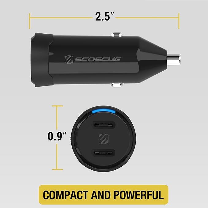 Scosche CPDCC40M PowerVolt 40W Certified Dual Port USB-C Car Charger, Flush Cigarette Lighter Adapter, Fast Charging Car Plug for 12V Power Outlet Compatible with iPhone, Galaxy and All USB-C Devices
