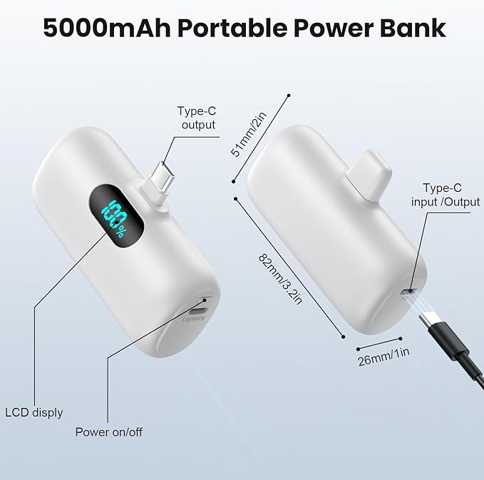 Mini Portable Charger USB C Power Bank,Upgraded 5000mAh PD Fast Charging Battery Pack Built-in USB-C Connector Travel Essential for iPhone17/17Pro/17Pro Max/Air/16 Plus/16Pro Max/15 Series,Android etc