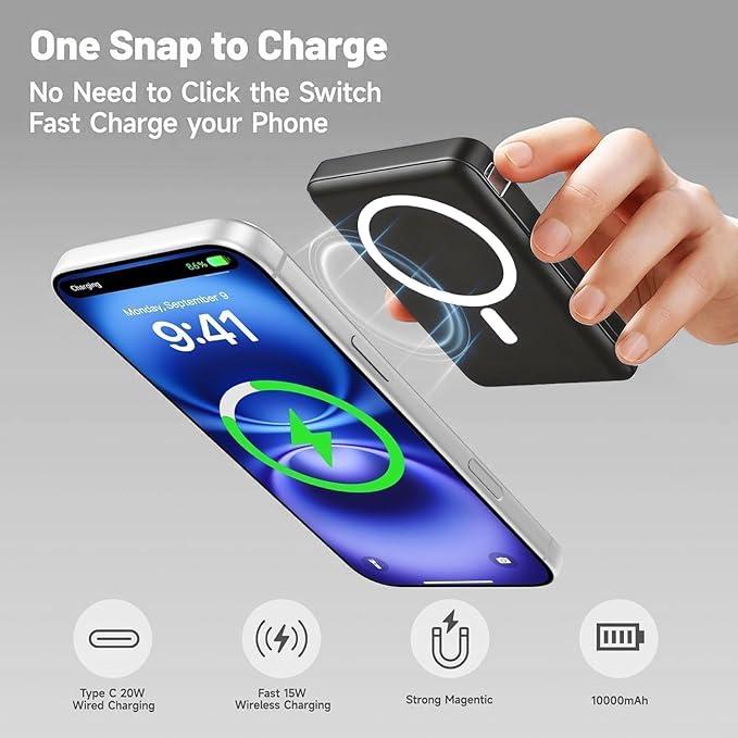 for Magsafe Power Bank, 10000mAh Magnetic Power Bank with USB-C Cable and PD 20W USB C Fast Charging LED Display, Wireless Portable Charger for iPhone 17/16/15/14/13/12/Pro/Pro Max