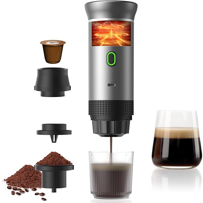 Portable Coffee Maker Espresso Machine, Travel Coffee Maker Self-Heating with USB-C Small Tea Cup, Compatible with Ground Coffee & NS Capsule for RV,Car, Hiking, Camping Office (Green)