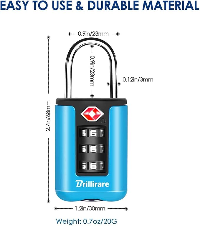 2 Pack TSA Approved Luggage Locks, Combination Travel Padlock, 3-Digit Waterproof Lock, TSA Accepted Outdoor Keyless Resettable Lock for Lockers, Bags, Backpack, Gym, Gate-Blue