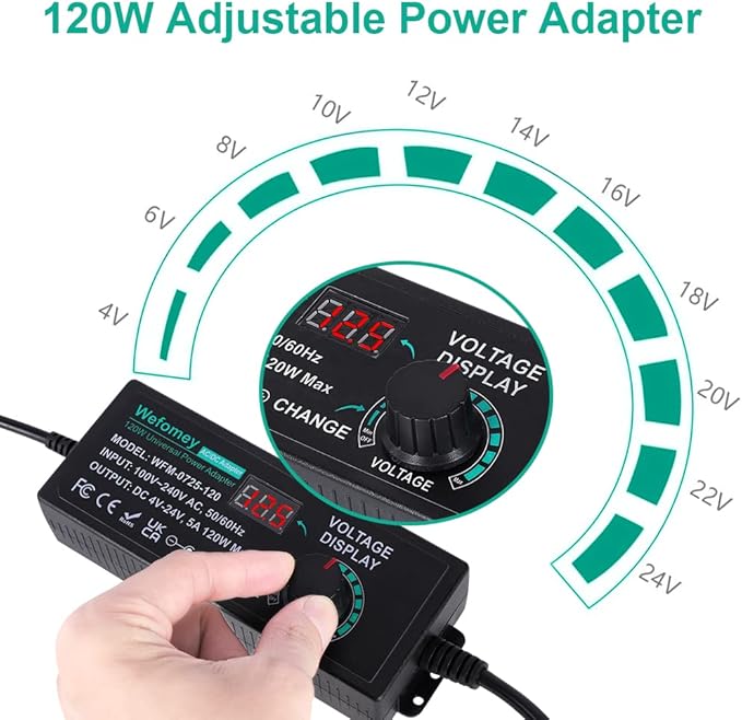 120W Universal Power Supply Adjustable DC 3V ~ 24V Variable Switching AC/DC Adapter 100V-240V AC to DC 24V 5A Converter with 14 Tips & Polarity Converter - 5000mA Max