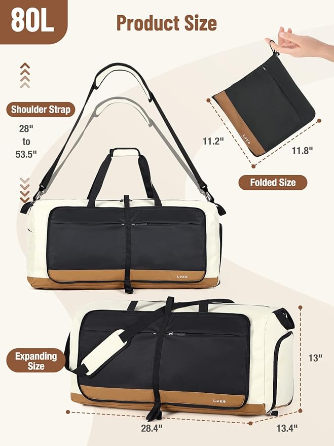 Lekesky Foldable Travel Duffle Bag for Women, Large Duffel Bag with Separate Shoes Compartments & Straps, Carry On Weekend Bag for Women, Hospital, Overnight (Camel & Brown, 80L)