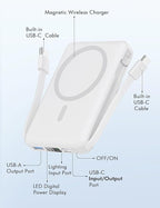 podoru for Magsafe Battery Pack, 10000mAh Magnetic Power Bank Built-in Double USB C Cables 20W PD Fast Charging LED Display Wireless Portable Charger for iPhone 17/16/15/14/13/12 Series-White