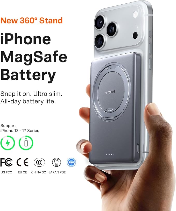 TORRAS Ostand MiniMag Power Bank, 5,000mAh Ultra Slim Wireless Portable Charger with Stand, Fast Charging for iPhone Magnetic Battery Pack for iPhone 17/Pro/Pro Max/16/15/14, Gray