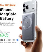 TORRAS Ostand MiniMag Power Bank, 5,000mAh Ultra Slim Wireless Portable Charger with Stand, Fast Charging for iPhone Magnetic Battery Pack for iPhone 17/Pro/Pro Max/16/15/14, Gray