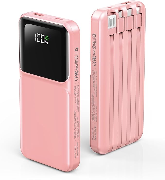 RONEGN Portable Charger with Built in Cable - Power Bank Fast Charging 22.5W USB C 10000mAh LED Display Travel Battery Pack 5 Outputs & 3 Inputs for iPhone Samsung Android iPad Phones Tablets etc