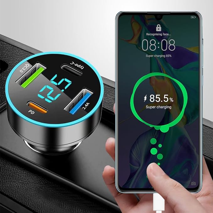 4 Ports Fast Car Charger,[Upgrade Voltmeter Display] PD+QC3.0+USB C Car Charger for 12-24V Cigarette Lighter Plug,Car Phone Charger Compatible with iPhone/Android/Samsung/iPad (QC3.0+Type-C+PD+2.4A)