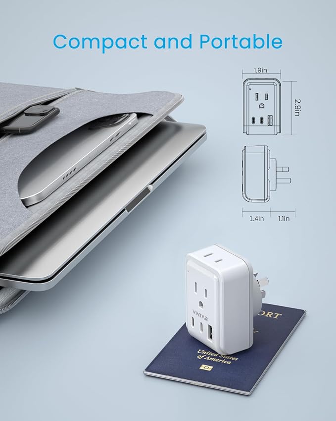 Australia New Zealand Power Adapter, VINTAR Australia Plug Adapter with 2 American Outlets 3 USB Ports(2 USB C), 5 in 1 Type I Travel Adapter for US to Australia, AU, Argentina, China, Fiji