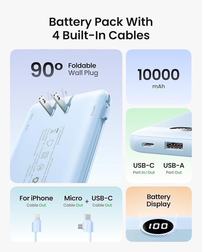Portable Charger Built-in Cables and Wall Plug, 10000mAh Slim USB C Power Bank, LED Display External Battery Pack Compatible with iPhone/Android & More (Blue)