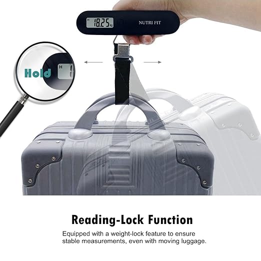 NUTRI FIT Luggage Scale Travel Digital Suitcase Weight Scale Portable Bag Weighing Scale Baggage Weigher, LCD Display 110lb/50kg Electronic Handheld Balance for Packages Airplane Travel Essentials
