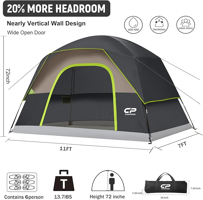CAMPROS CP Camping Tent 2/4/6 Person, Waterproof Windproof Double Layer Dome Tent, Easy Setup with Large Mesh Windows & Wide Door for Outdoor Camping Backyard