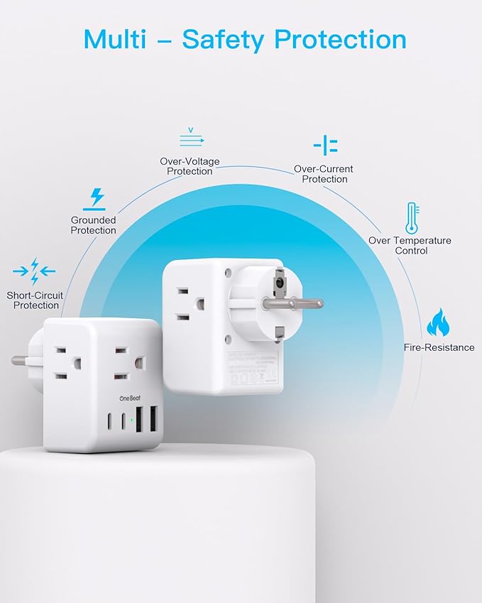 2 Pack Germany France Travel Plug Adapter, Type E/F Power Plug Adapter with 3 Outlets 4 USB Charging Ports(2 USB C), Travel Essentials US to Europe France Germany South Korea Netherlands Spain