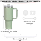 4 Pack 40 Oz Tumbler with Handle Bulk, Double Wall Vacuum Insulated Stainless Steel Tumbler with Lid and Straw, 40 oz cup with Silicone Spill Proof Stopper Set (Dark Green)