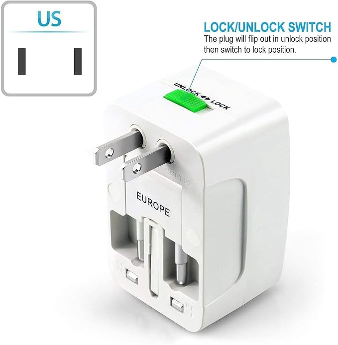 Portable Worldwide Universal Power Adapter Converter, All in One International Out of Country Travel Wall Charger Plug Compatible with USA, EU, UK, and AUS and More Outlets