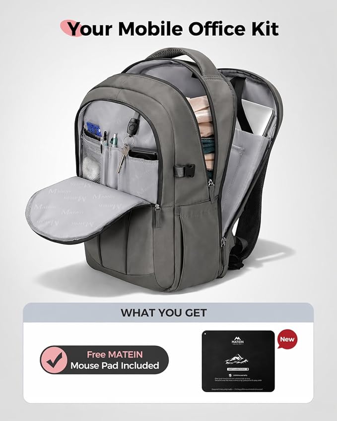 MATEIN HER Computer Backpack for Women Men with Lunch Compartment, Water Resistant Work Laptop Backpack with Water Bottle Holder & RFID Pocket, Underseat Travel Bag Fits 17.3'' Notebook, Gray
