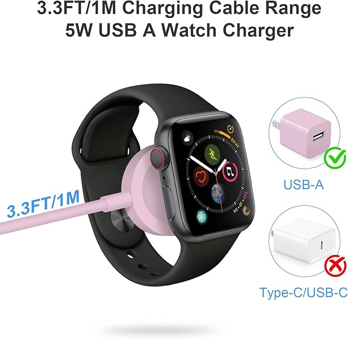 Fast Charger for Apple Watch Charger, Magnetic iWatch Charger to USB A Cable 3.3FT with USB A Wall Plug Adapter for Apple iWatch Series Ultra/10/9/8/7/6/SE/5/4/3/2 (Pink)