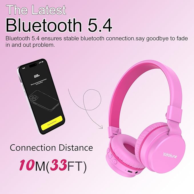 Kids Bluetooth Headphones,Lightweight Kids Headphones Wireless,85/94dB Safe Volume,40H Playtime,Fast Charging,Bluetooth 5.3,Over Ear,Toddler Headphone Built-in Mic for School/Tablet/Travel (Pink)