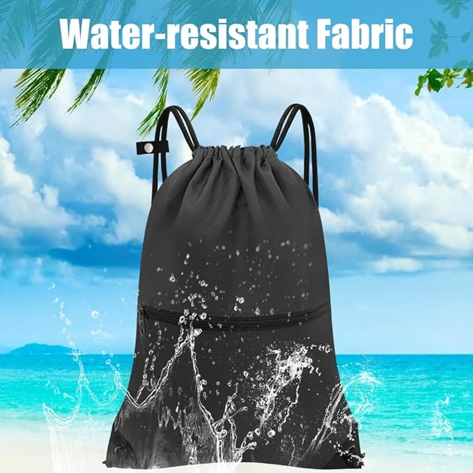 draw string back bag, Large Gym Sports string backpack for men and women with front zipper pocket and inside zipper pocket to keep key or phone(black)