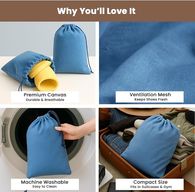 LFH Cotton Rich Shoe Storage Bags with Drawstring, Breathable Reusable Organizer, Perfect For Travel, Dorm, Hotel, College, Gym, Easy to Carry, Machine Washable 12"x17" (Pack of 6) - Sky Blue