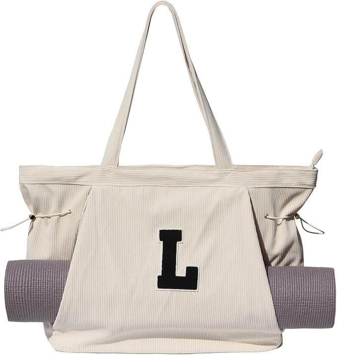 ESVAN Corduroy Yoga Tote Bag Gifts for Women Drawstring Yoga Mat Bag for Office Workout Travel Carryall Pilates Gym