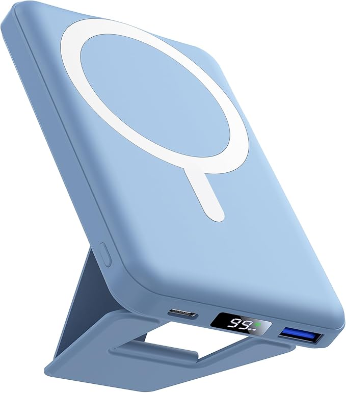 AOGUERBE for Magsafe Power Bank, 10000mAh Foldable Magnetic Battery Pack with LED Display, 3 in 1 Wireless Portable Charger with 22.5W Fast Charging for iPhone 17/16/15/14/13/12 Series-Light Blue