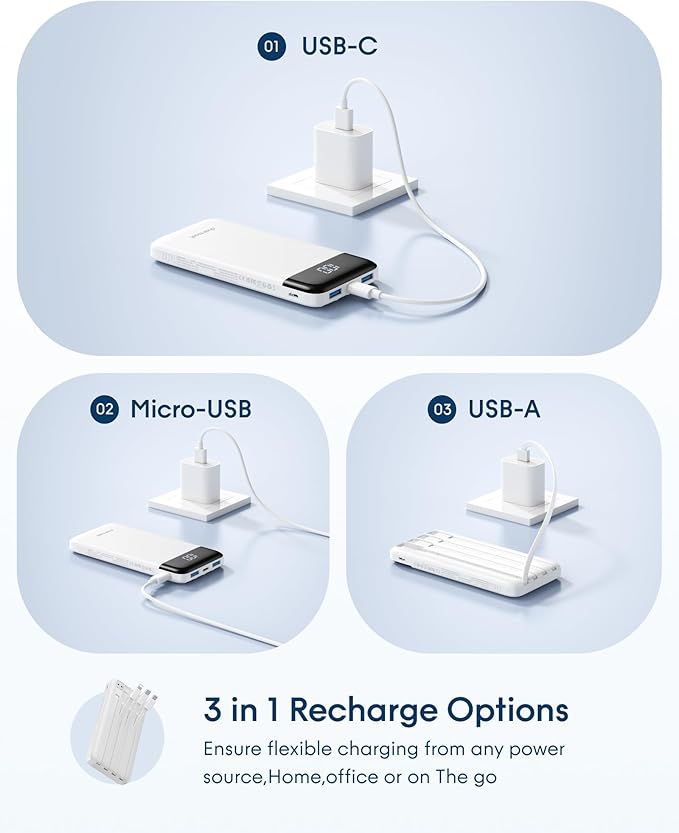 charmast 10000mAh Portable Charger with Built-in Cables, 6 Outputs & 3 Inputs Power Bank, Compact Travel Essential Battery Pack for iPhone 16/15, Samsung S25/S24, Google Pixel, iPad, AirPods & More