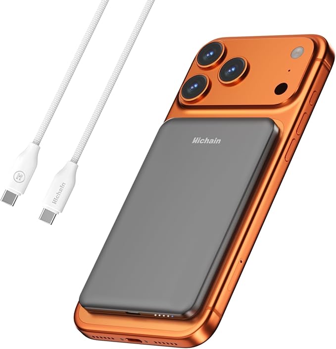 Hichain Magnetic Portable Charger for iPhone, Wireless Power Bank 5000mAh Magnetic Charger for iPhone 17 16 15 14 13 12 Series, Magnetic Safe Charging with 60W USB C Charge Cable - Dark Grey