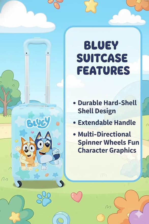 Fast Forward Bluey 20" Hardshell Luggage - Cute & Durable Hard-side Suitcase for Travel with Spinner Wheels 20"x12"x8"