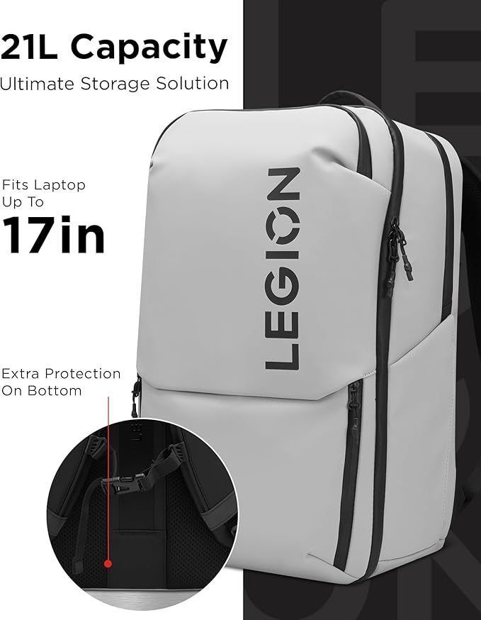 Lenovo Legion Gaming Laptop Backpack GB800, 21L Capacity, Fits 17-inch Laptops, Water Resistant, Three Main Compartments & 19 Specialiized Pockets, Light Grey