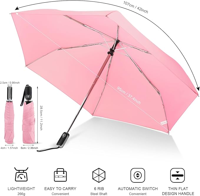 Compact Travel Umbrella for Purse - Flat Handle, Waterproof for Light Rain
