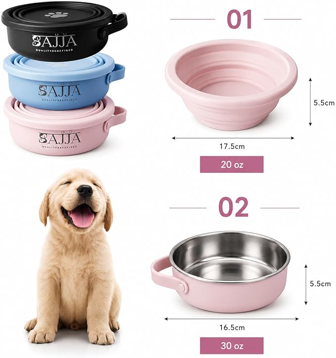 Pink Slow Feeder 3-in-1 Travel Dog Bowl Set – 30 OZ Stainless Steel + 20 OZ Collapsible BPA-Free Silicone Bowl Lid | Silicon Slow Feeder Insert | Non-Slip, Anti-Choking|, Carabiner | We give Back