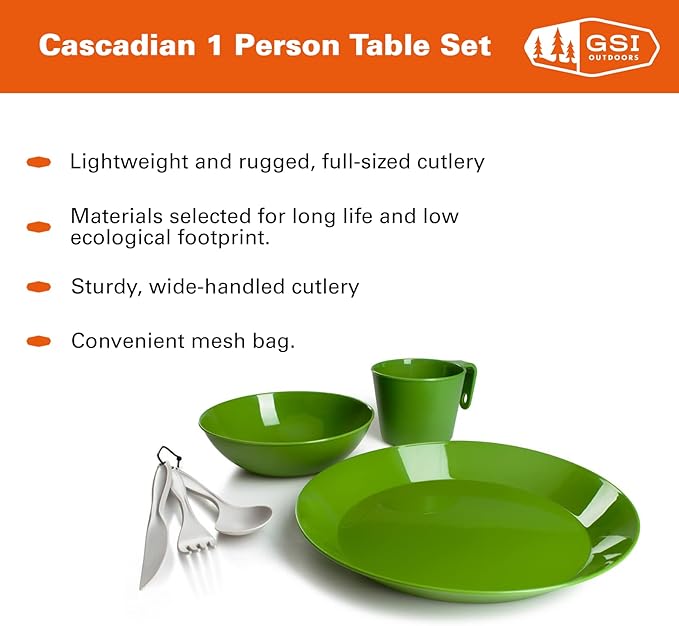 GSI Outdoors Cascadian Table Set I 6-Piece Camping, Backpacking Mess Kit, Plastic BPA Free, Plate, Bowl, Mug, Cup & Cutlery Set