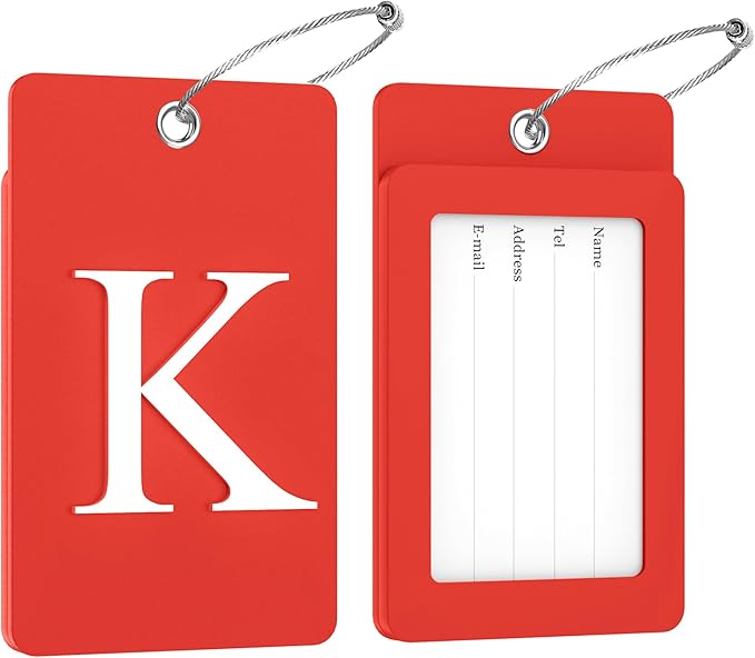 Gostwo 2 Pack Luggage Tags for Suitcases, 26 Initial Letter Travel Luggage Baggage Identification Labels ID Tag Fully Bendable Tags with Stainless Steel Loop (Red) (Letter K)