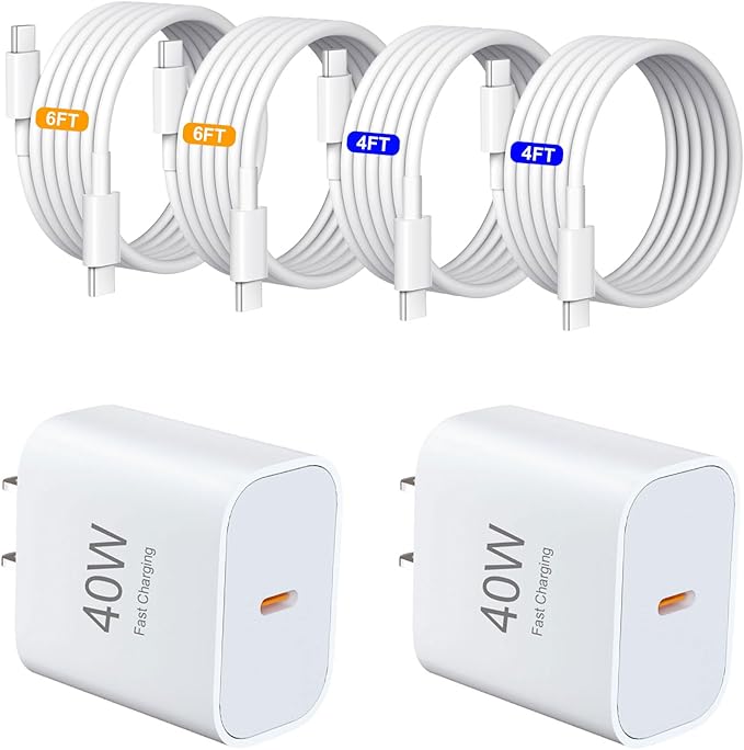 USB C Charger Block，2-Pack 40W Type C Chagrer Fast Charging with 4FT&6FT Fast Charging Cable Compatible with i Phone 17/17 Plus/17 Pro/17 Pro Max/16/16 Plus/16 Pro/16 Pro Max/15/15 Pro Max