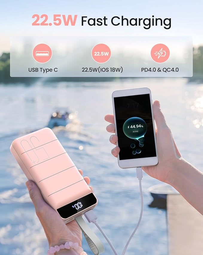 Power Bank Fast Charging 50000mAh - 22.5W Portable Charger USB C Quick Charge with 4 Outputs & 3 Inputs LED Display Huge Capacity External Battery Pack for iPhone, Samsung, iPad etc Pink